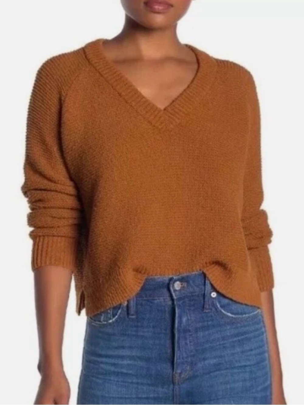 🍂 Madewell Textured Cotton Sweater | Size Medium | Golden Pecan V-Neck Pullover - Picture 1 of 12